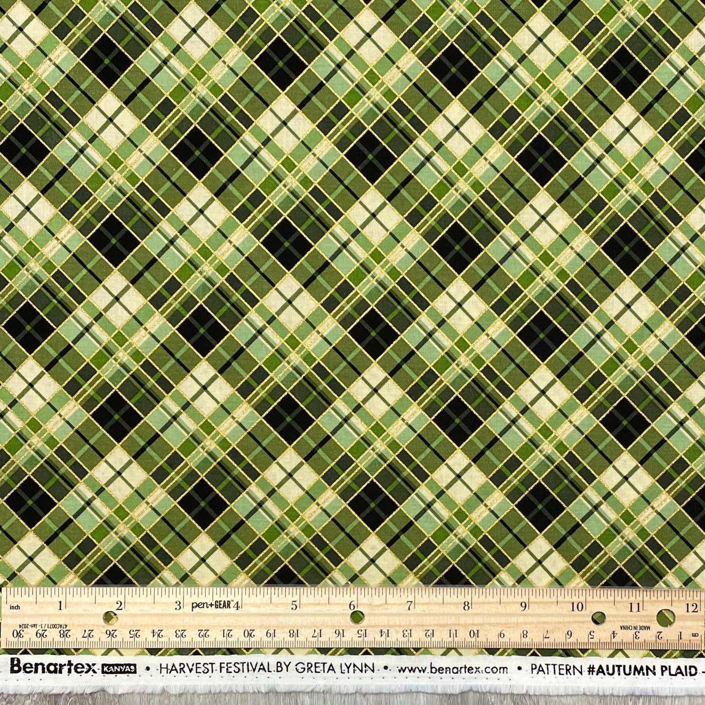 Green Plaid Fabric - Metallic Accents - Harvest Festival