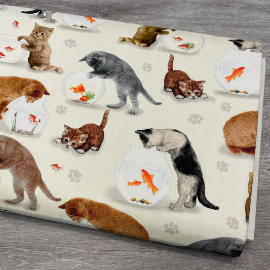 Cat Fabric - Cats and Fish Bowl - You had me at Meow