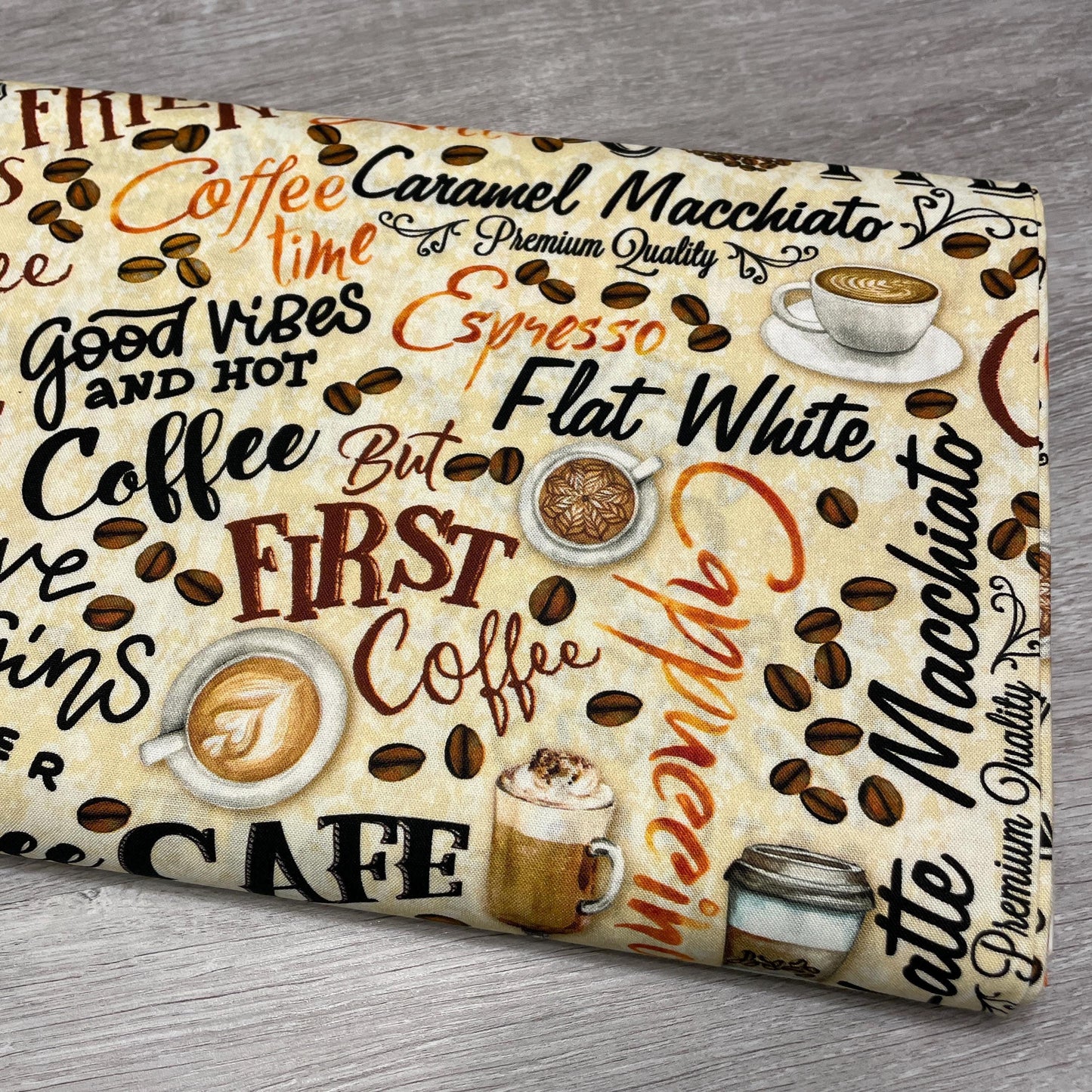 Coffee fabric - Fresh Brewed Words Cream by Benartex - 100% Cotton - Cafe theme Americano Latte Mocha Hot Coffee Quilting Cotton