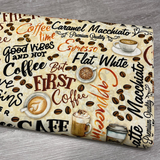 Coffee fabric - Fresh Brewed Words Cream by Benartex - 100% Cotton - Cafe theme Americano Latte Mocha Hot Coffee Quilting Cotton