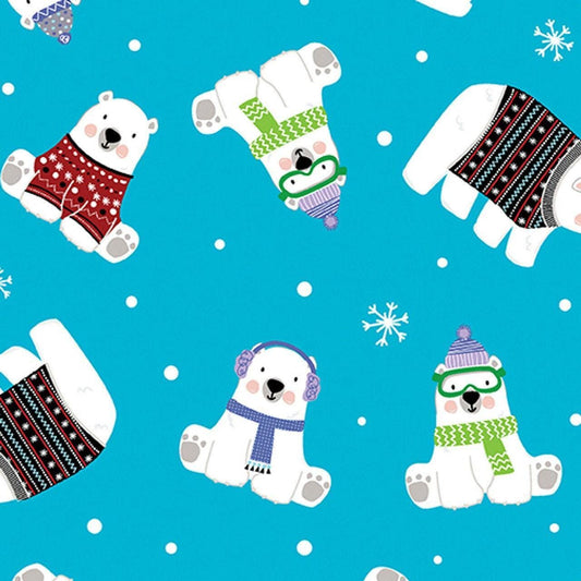 Polar Bear Express in Turquoise by Kanvas Studio - 100% cotton fabric - Christmas Winter Holiday Polar Bears in Sweaters - SHIPS NEXT DAY