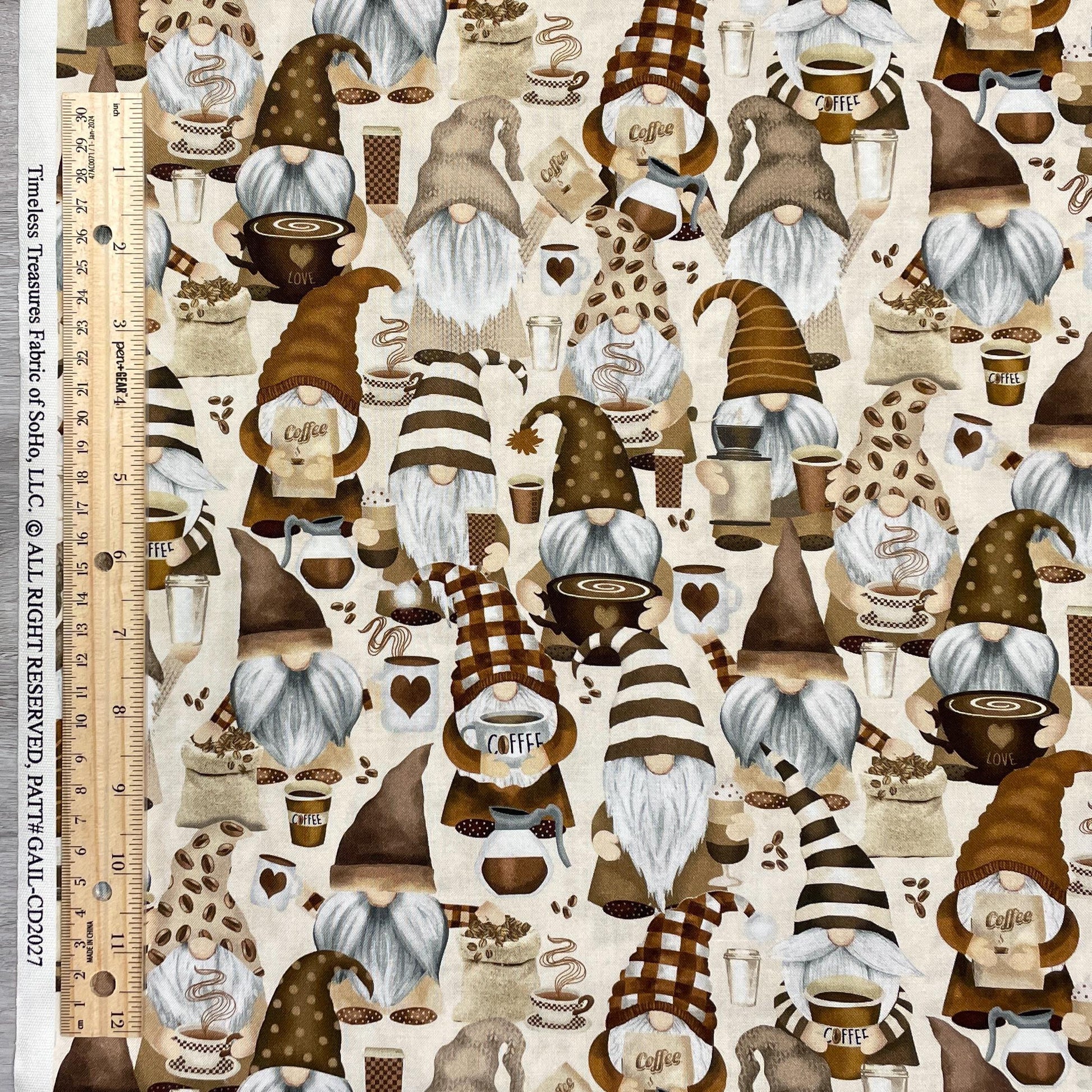 Coffee Gnome Fabric - Timeless Treasures - Espresso Yourself collection - 100% Cotton Fabric - coffee material