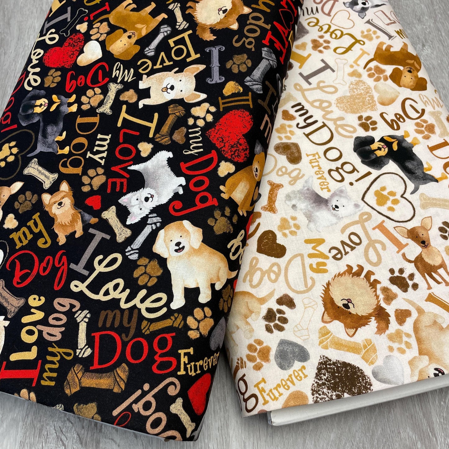 Tossed Dogs & Words - Happiness Has Paws - Timeless Treasures - 100% Cotton - I love my dog