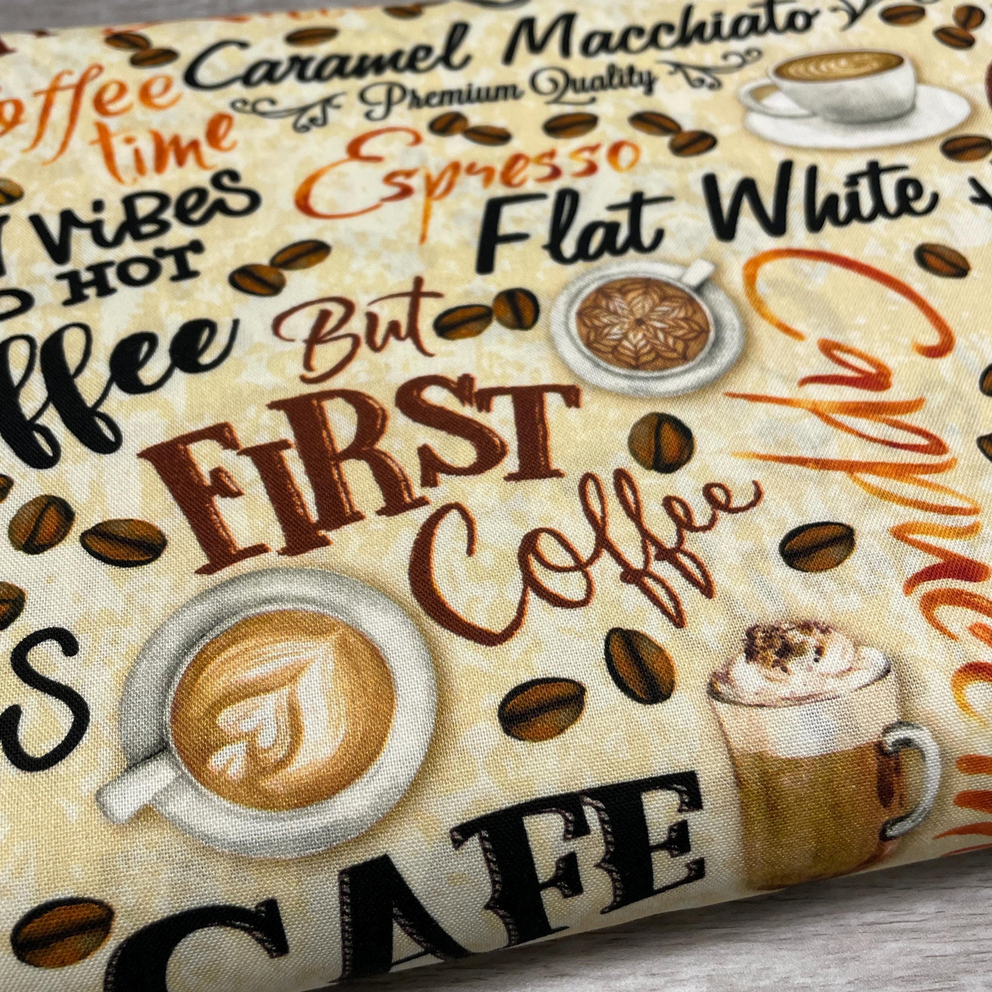 Coffee fabric - Fresh Brewed Words Cream by Benartex - 100% Cotton - Cafe theme Americano Latte Mocha Hot Coffee Quilting Cotton