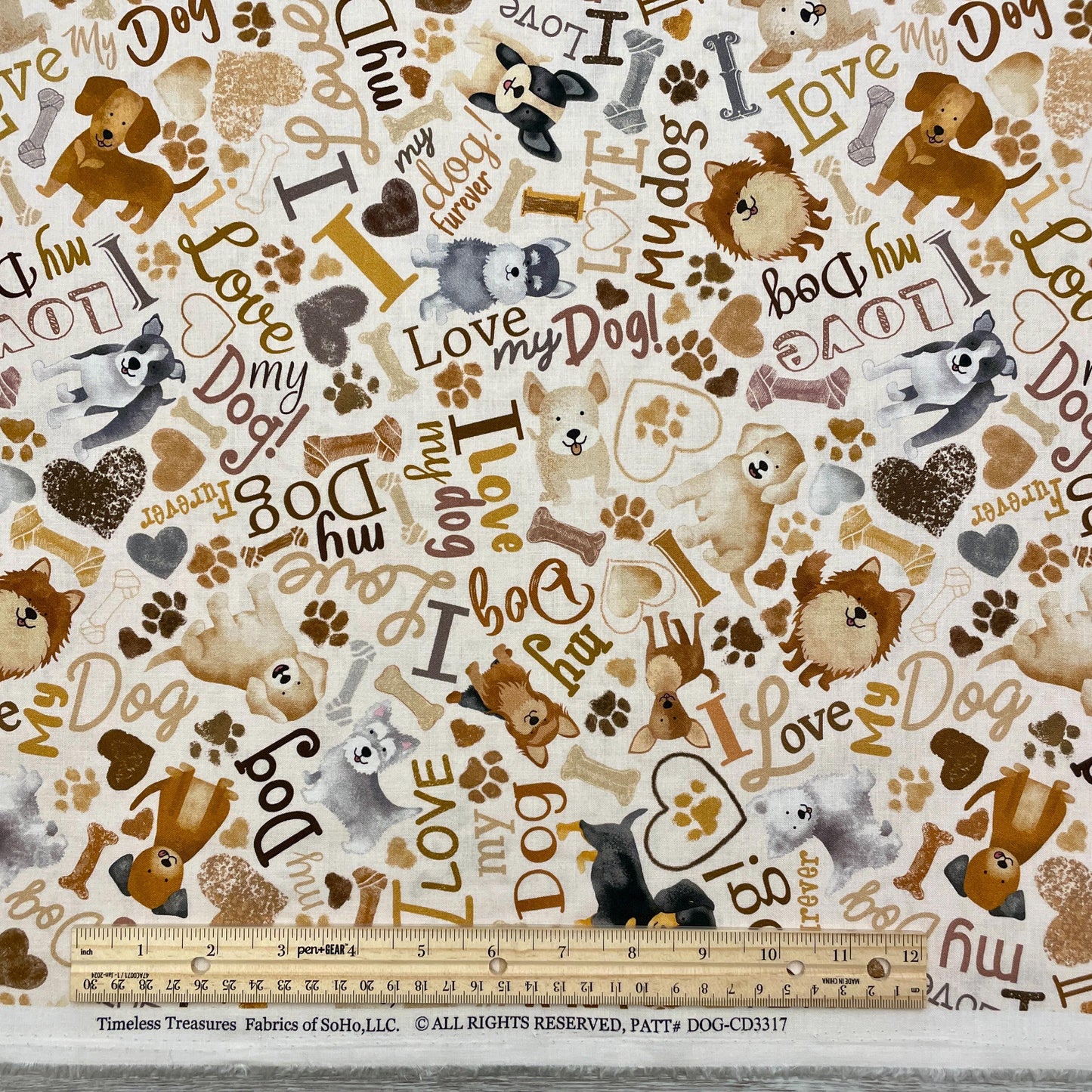 Tossed Dogs & Words - Happiness Has Paws - Timeless Treasures - 100% Cotton - I love my dog