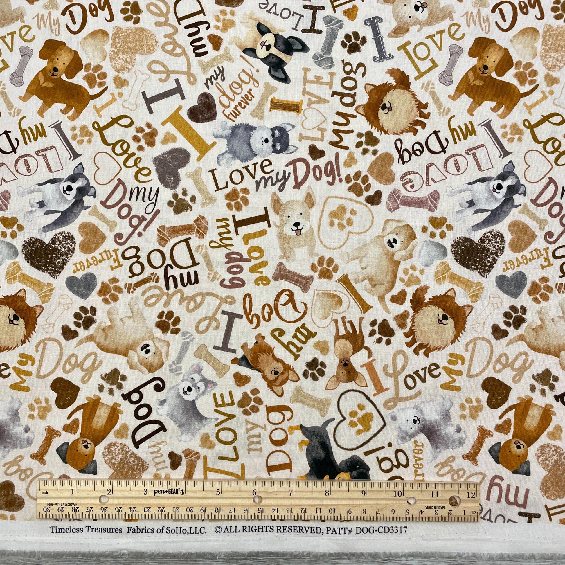 Tossed Dogs & Words - Happiness Has Paws - Timeless Treasures - 100% Cotton - I love my dog
