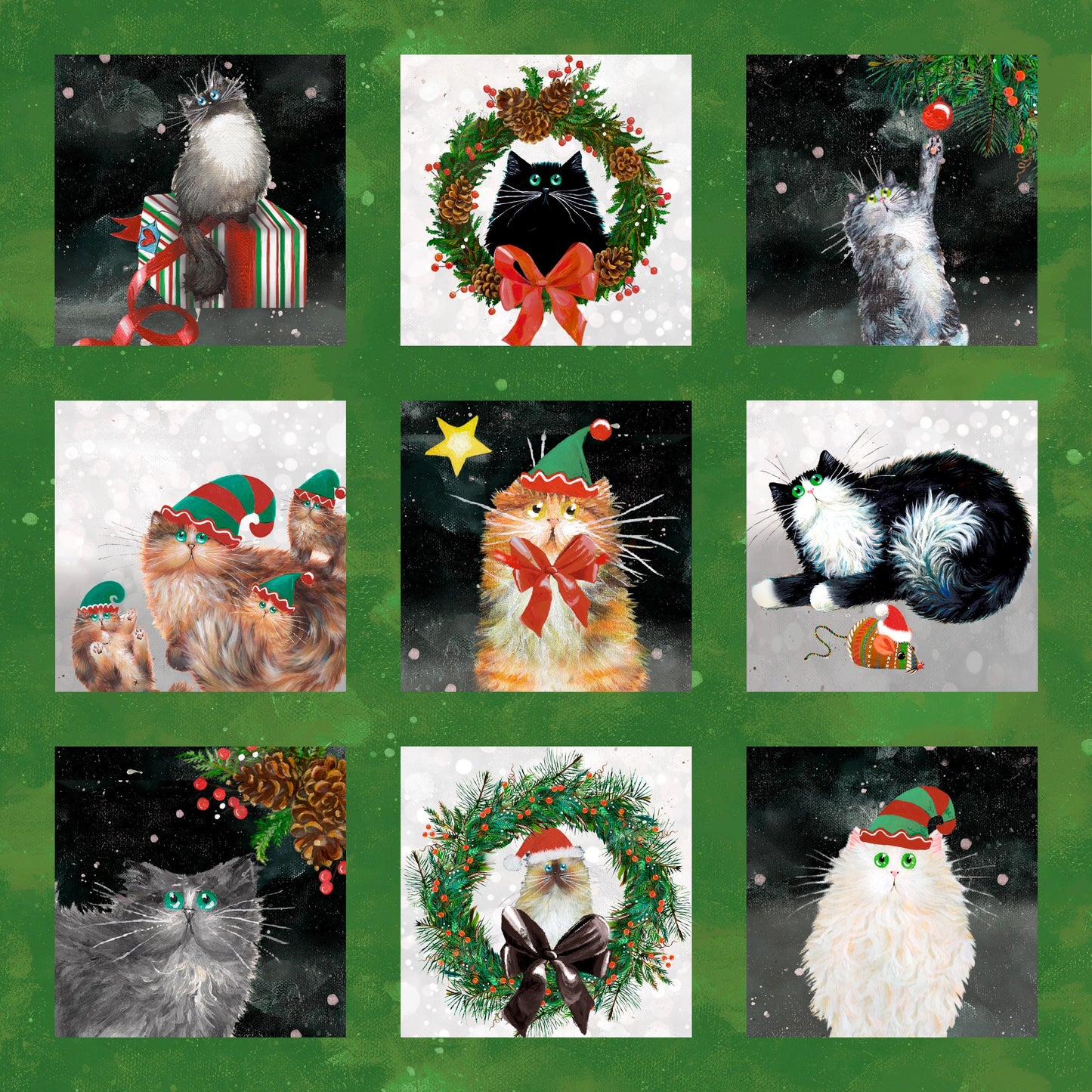 Meowy Christmas - Festive Felines - 100% cotton fabric - Windham Fabrics - 54483-2 Pine