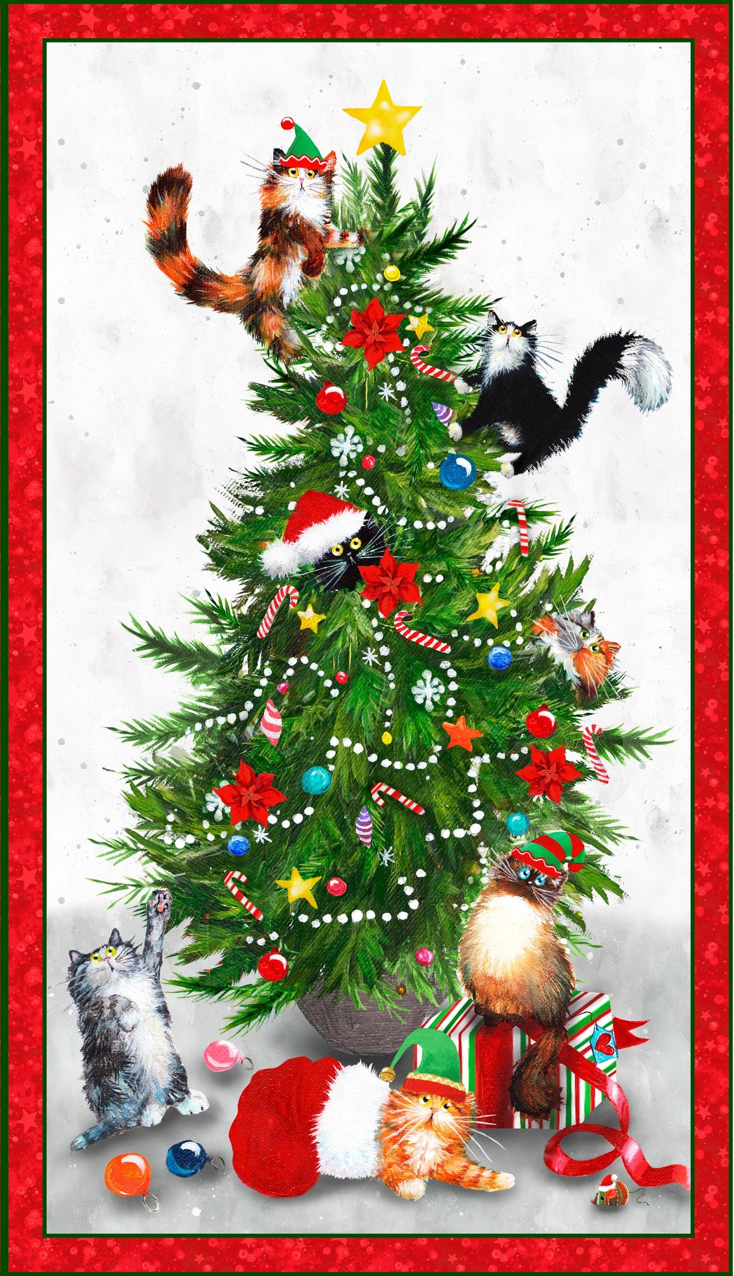 Christmas Cat Fabric Panel - 24" x 42" - Windham Fabrics - Meowy Christmas 54482DP-1 White