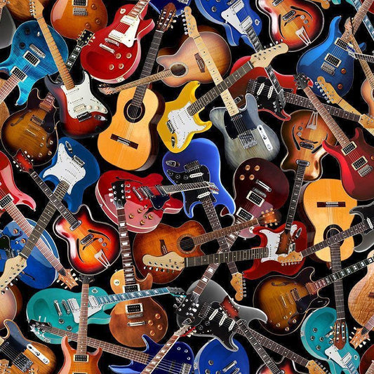 Acoustic Guitars Tossed - 100% Cotton Fabric from Timeless Treasures - MUSIC-CD3359 BLACK
