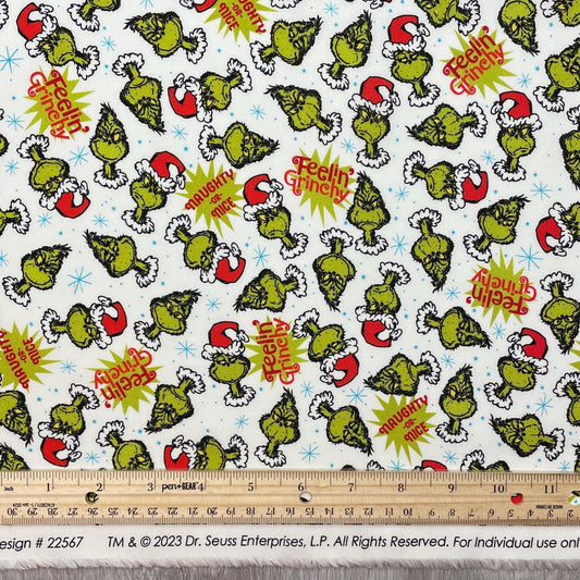 Robert Kaufman Grinch Fabric - Feelin' Grinchy Candy Cane White - How the Grinch Stole Christmas - 100% cotton fabric - Naughty or Nice