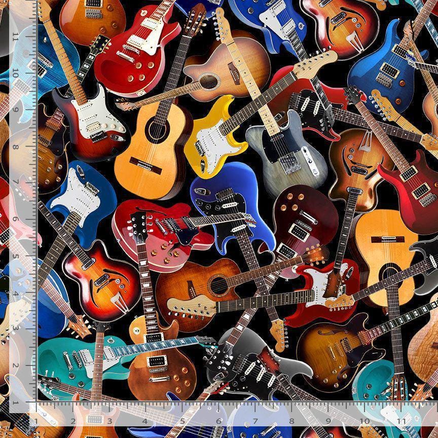Acoustic Guitars Tossed - 100% Cotton Fabric from Timeless Treasures - MUSIC-CD3359 BLACK