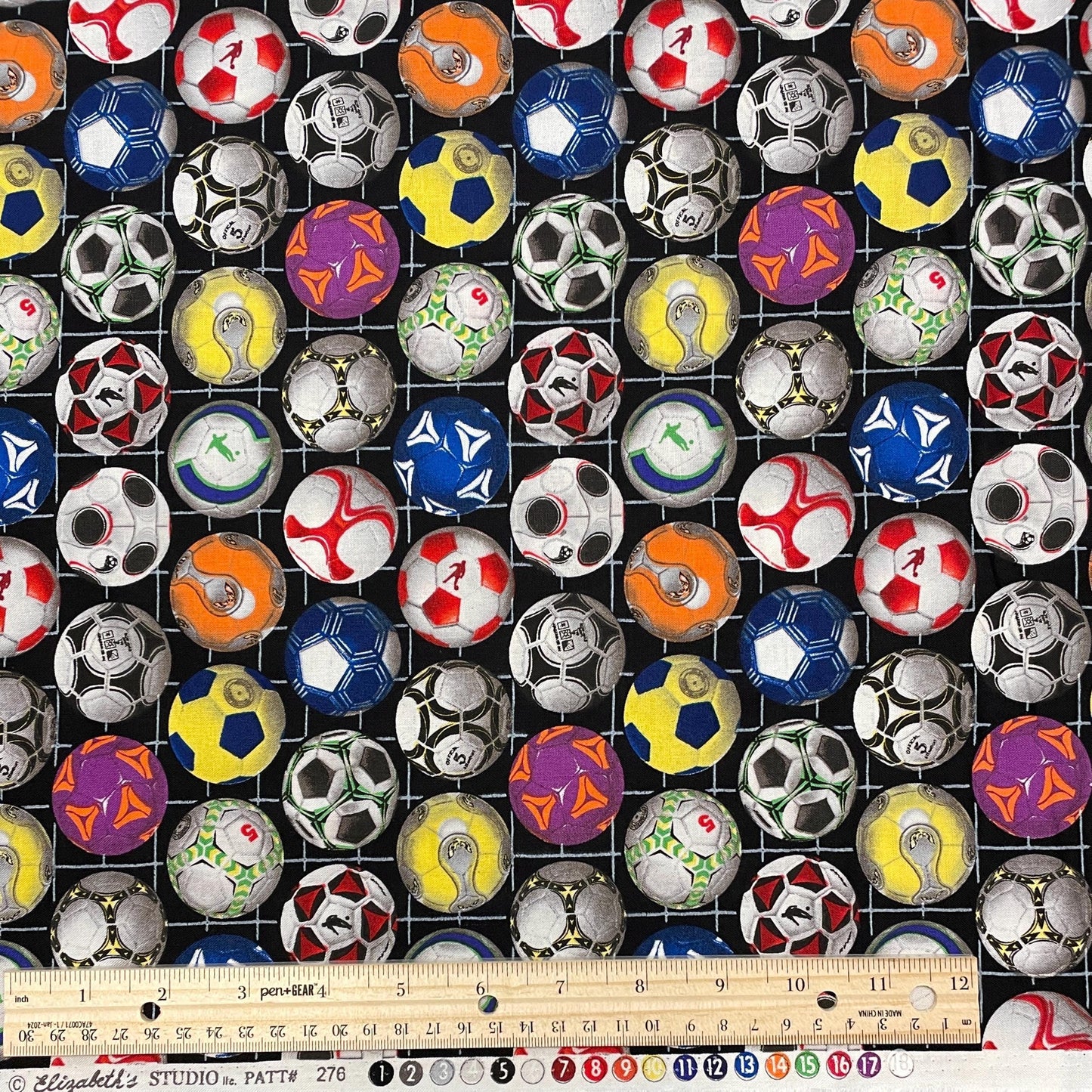 Soccer Fabric - 276-Black - Elizabeth's Studio Sports Collection - 100% Cotton - Colorful soccer balls
