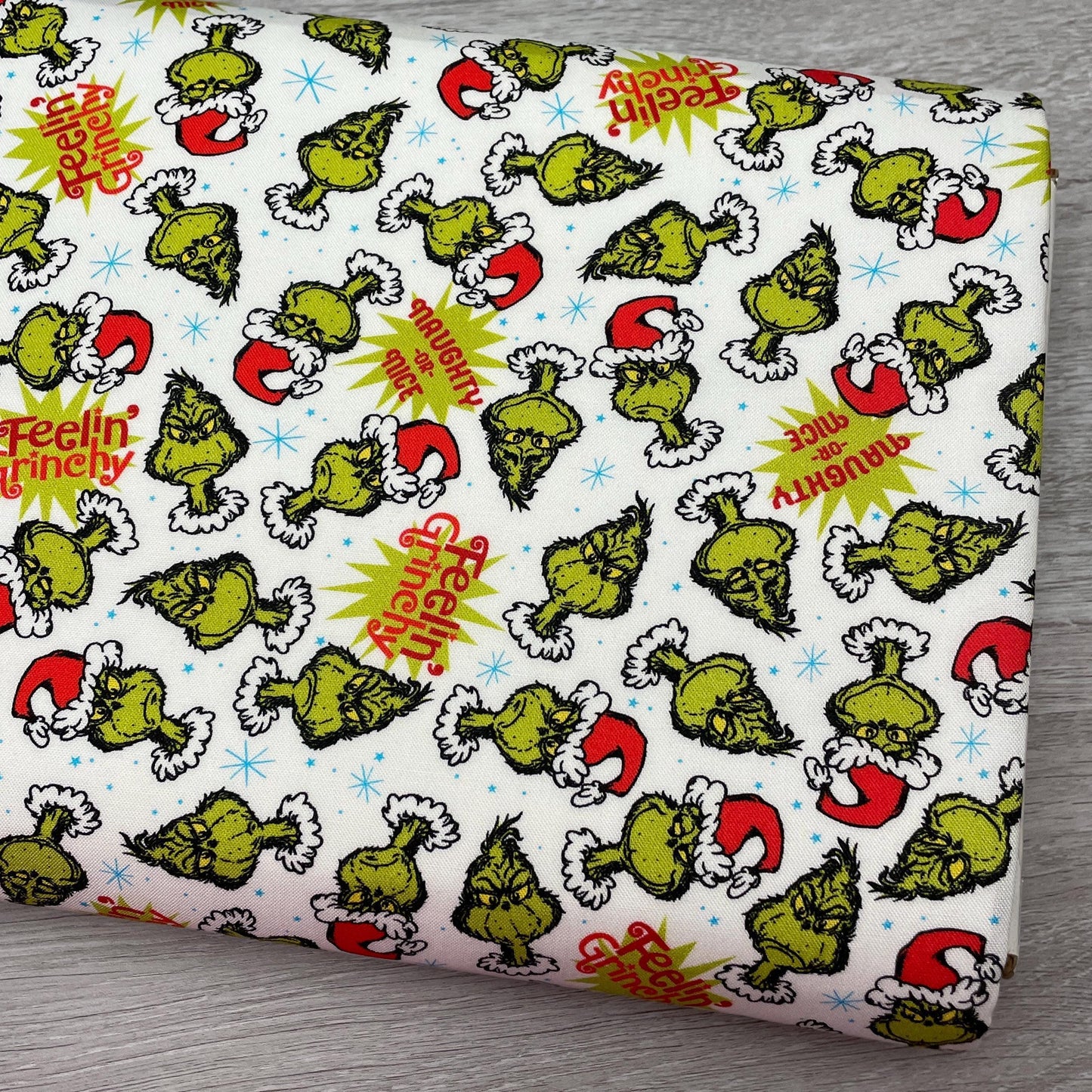 Robert Kaufman Grinch Fabric - Feelin' Grinchy Candy Cane White - How the Grinch Stole Christmas - 100% cotton fabric - Naughty or Nice