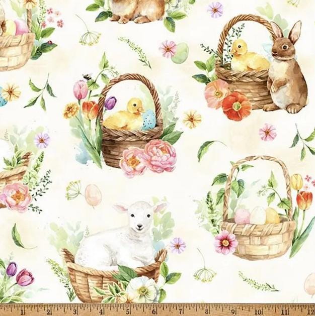 Easter Animal Fabric - Hoffman Fabrics - 100% Cotton - Easter Wonder - Animals in Baskets Vanilla W5426-156