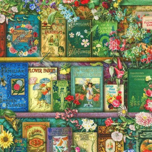 Gardening Book Fabric - Tales from the Garden - Robert Kaufman - 100% Cotton - Reading Classic Literature Poetry - How Does Your Garden Grow