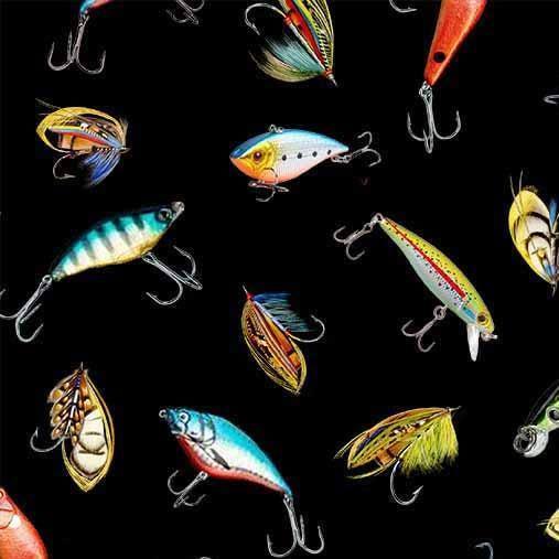 Fly Fishing Lures Fabric - Bait and Tackle - Michael Miller - Girls Gone Fishing