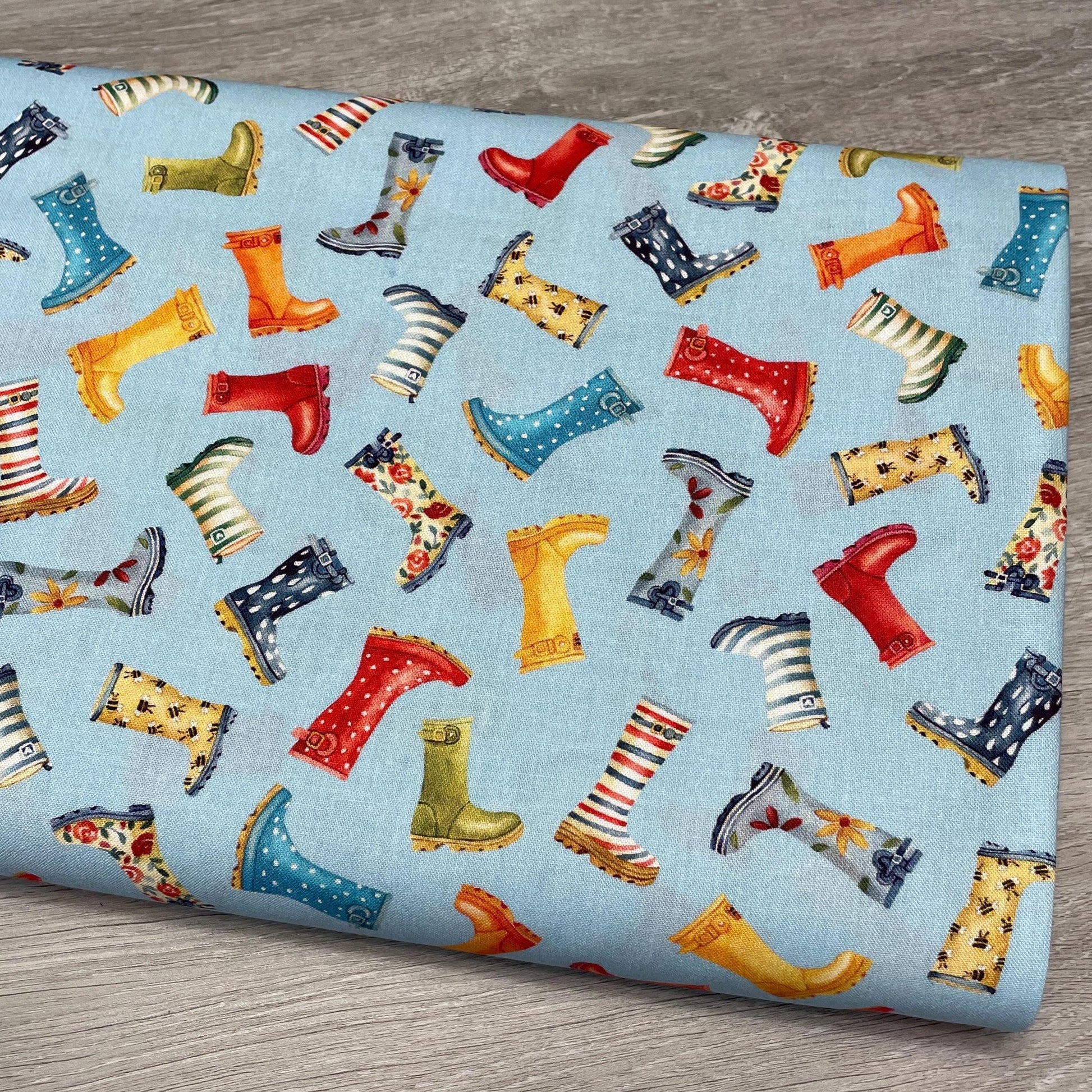 Rain Boots Fabric - Town Fair Collection - 100% Cotton - Galoshes Gardening Shoes Wellies Wellington Boots Farm Quilting Fabric