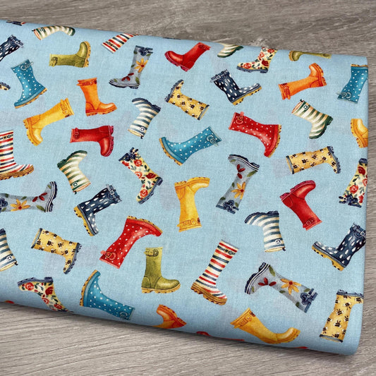 Rain Boots Fabric - Town Fair Collection - 100% Cotton - Galoshes Gardening Shoes Wellies Wellington Boots Farm Quilting Fabric
