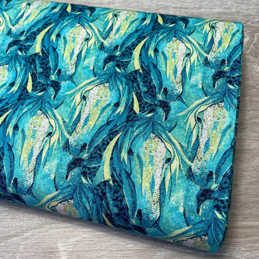 Horse Fabric - Aqua SMALL Horse Heads Allover - Dream Horses - Studio E - 100% Cotton