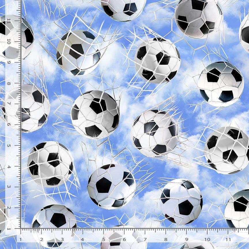 Soccer Fabric - 100% Cotton - Quilting Cotton - Blue Soccer Sky with Net - Sports Fabric - Black and White Soccer ball