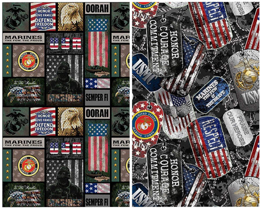 New! US Marines fabric - U.S. Military - Ships Next Day - Marines dog tags from Sykel, 100% Cotton Fabric, USMC US Marines