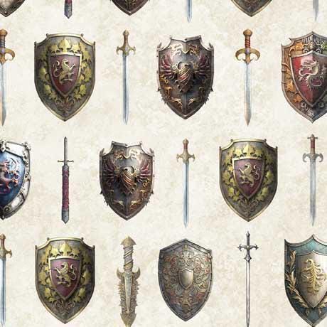 Swords and Shields Fabric - QT Fabrics - 100% Cotton - Magical online fantasy game