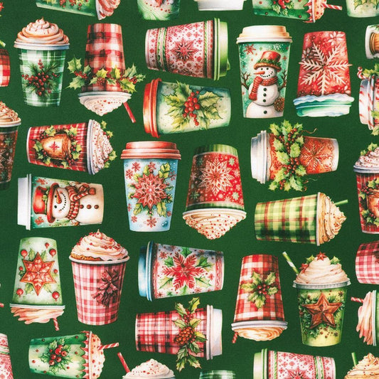Christmas Drinks Fabric - coffee hot chocolate - 100% Cotton - Frosted Collection - Robert Kaufman - Snowman Snowflake