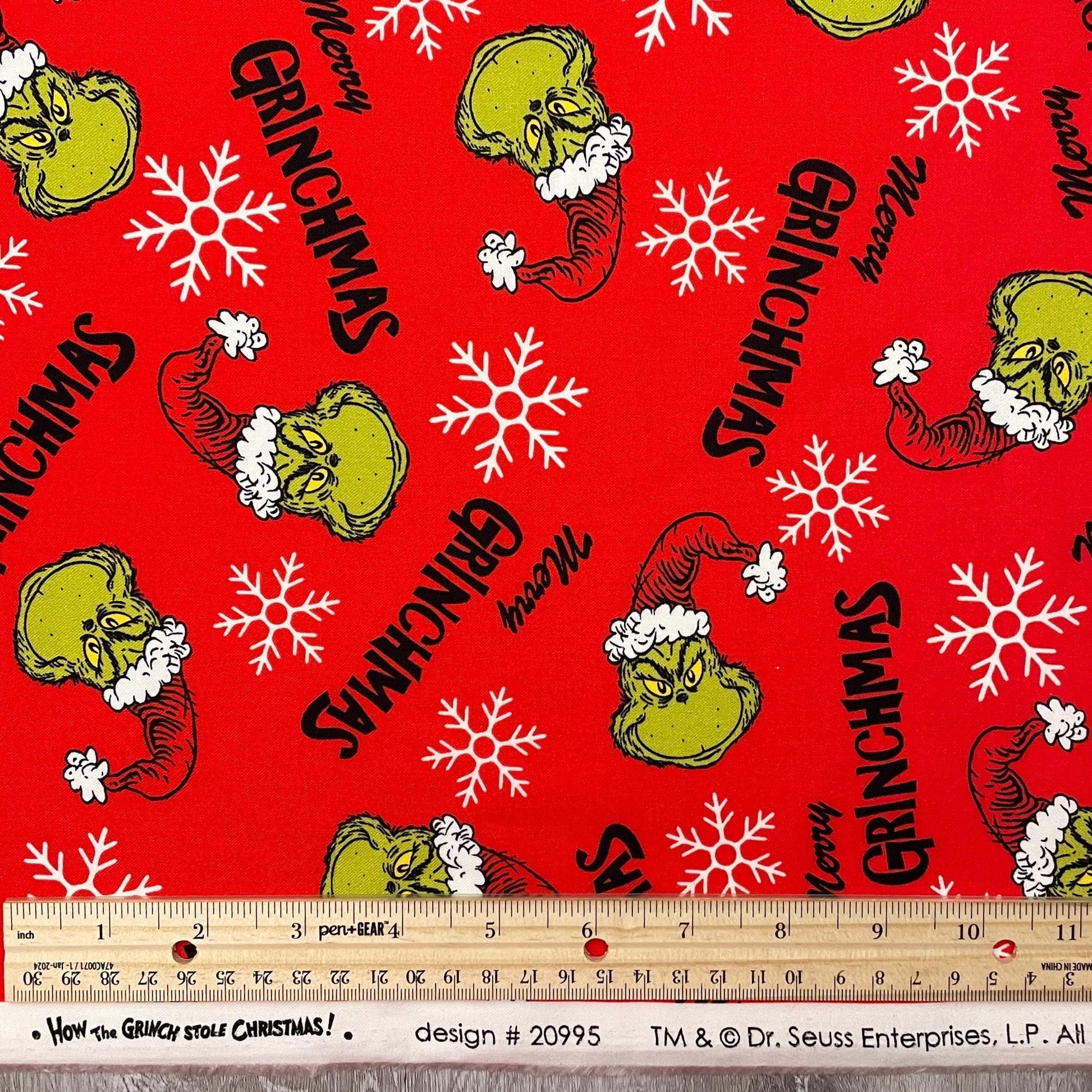 Robert Kaufman Grinch Fabric - Red Merry Grinchmas - How the Grinch Stole Christmas - 100% cotton fabric - Grinch hat