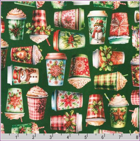 Christmas Drinks Fabric - coffee hot chocolate - 100% Cotton - Frosted Collection - Robert Kaufman - Snowman Snowflake