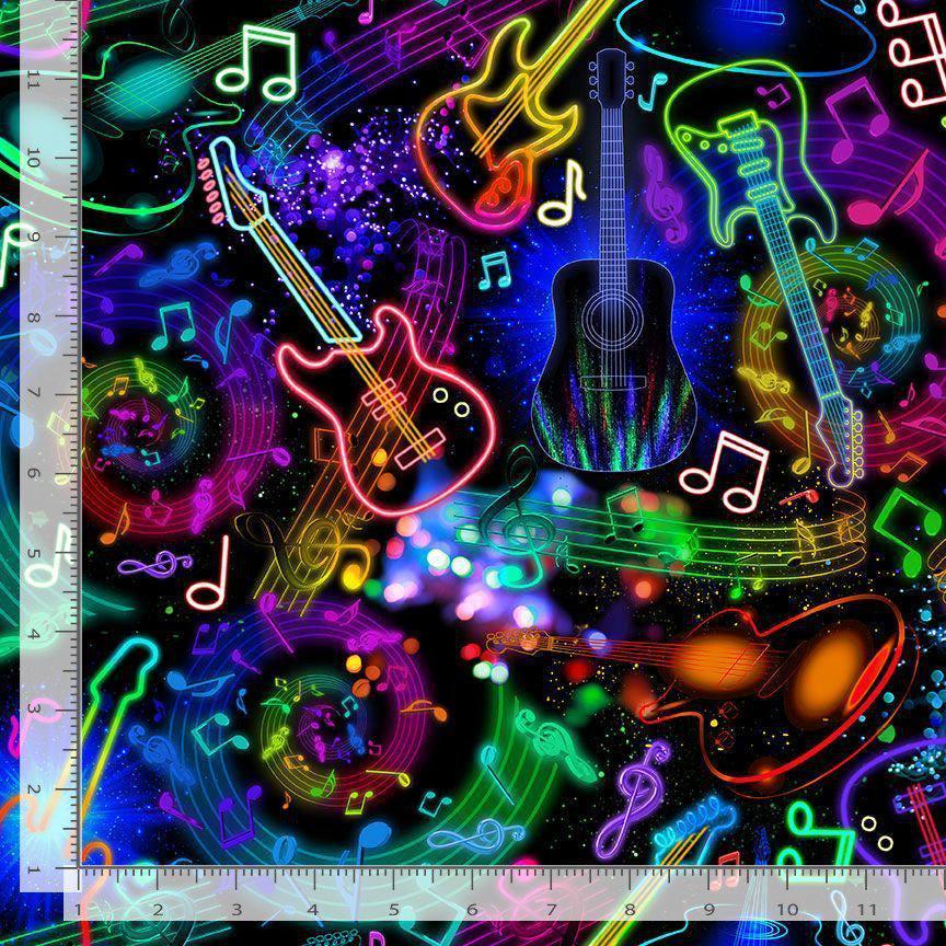 Neon Guitars and Music Notes - 100% Cotton Fabric -Timeless Treasures - I'm with the Band