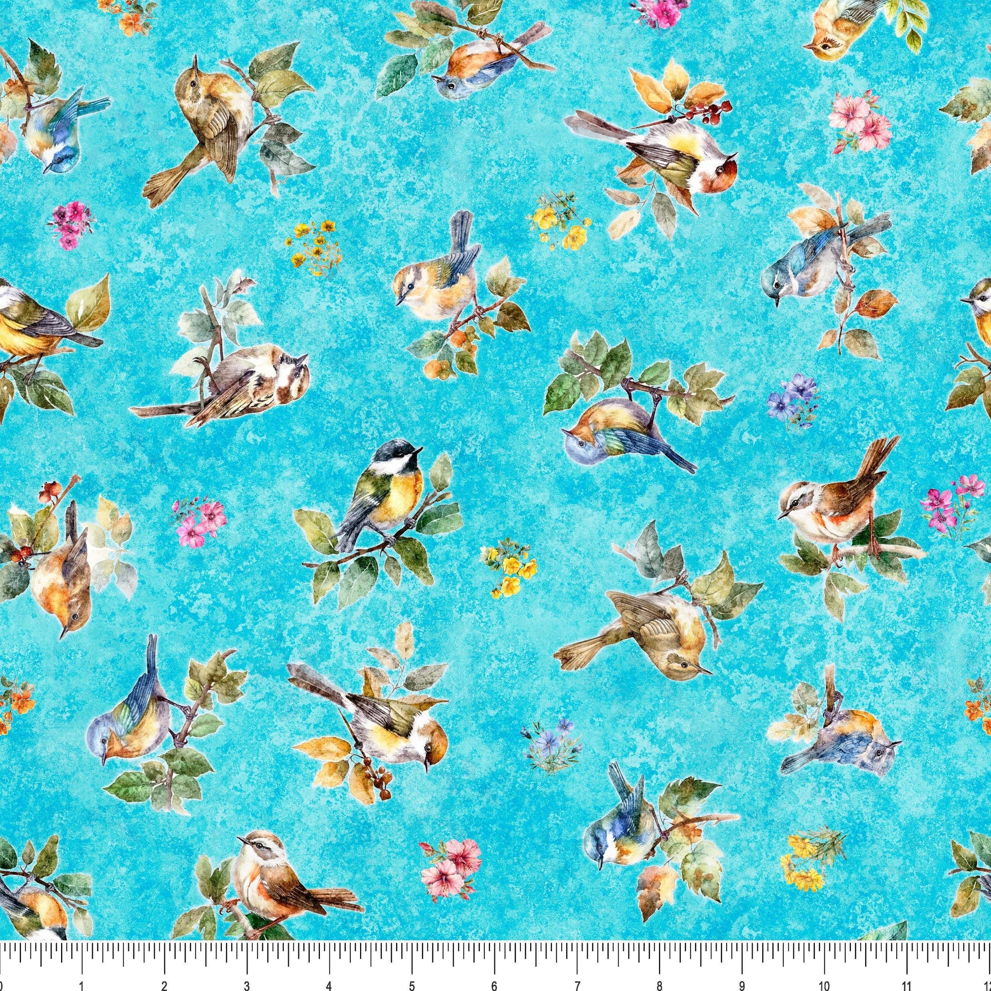 Floral Bird Fabric - Birdsong Collection - QT Fabrics - 100% Cotton - Aqua 2600-30279-Q