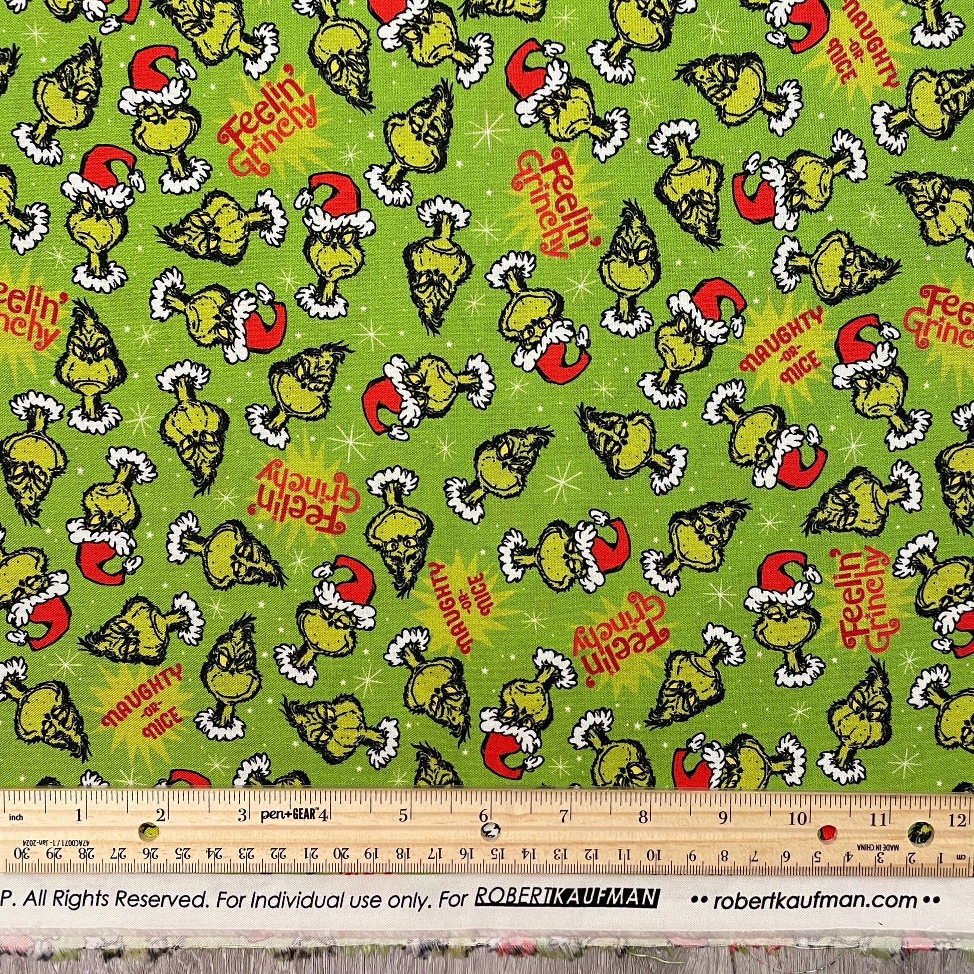 Robert Kaufman Grinch Fabric - Feelin' Grinchy Holly Green - How the Grinch Stole Christmas - 100% cotton fabric - Naughty or Nice