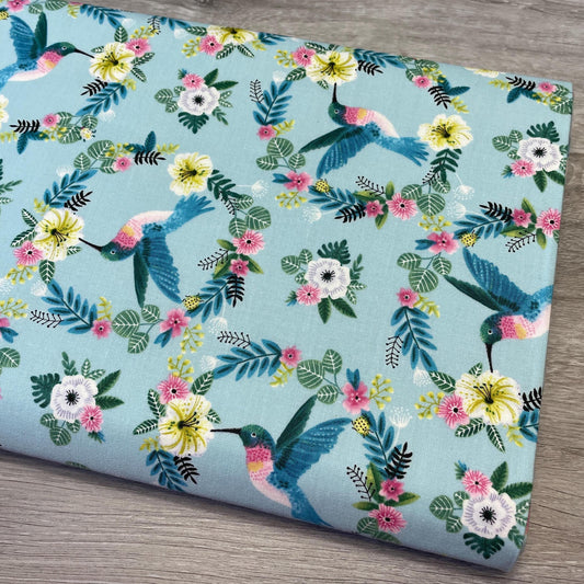 Hummingbird Fabric - Tropical Menagerie Collection - 7382-16 Aqua - 100% cotton fabric by StudioE