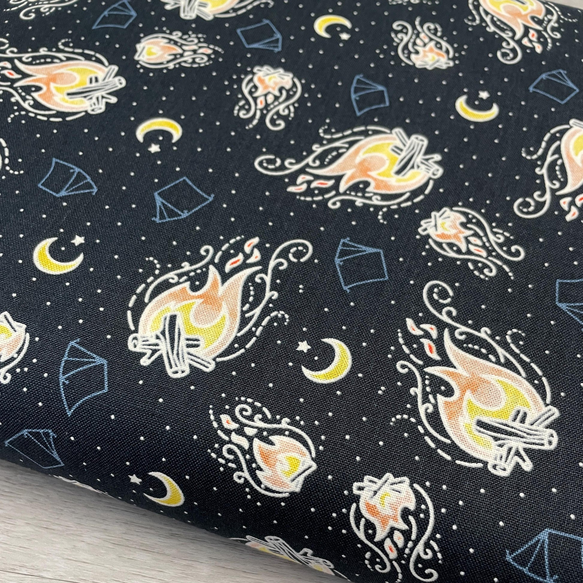 Campfire - By the light of the fire in Navy - Light Up My World collection by Michael Miller fabrics - 100% Cotton Fabric