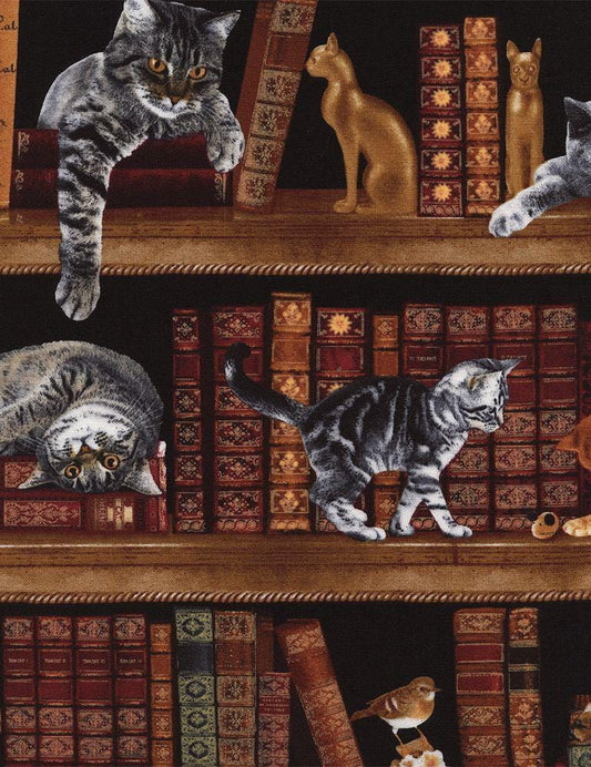 Cat fabric - Cats In Library - 100% Cotton - Timeless Treasures - bookshelf