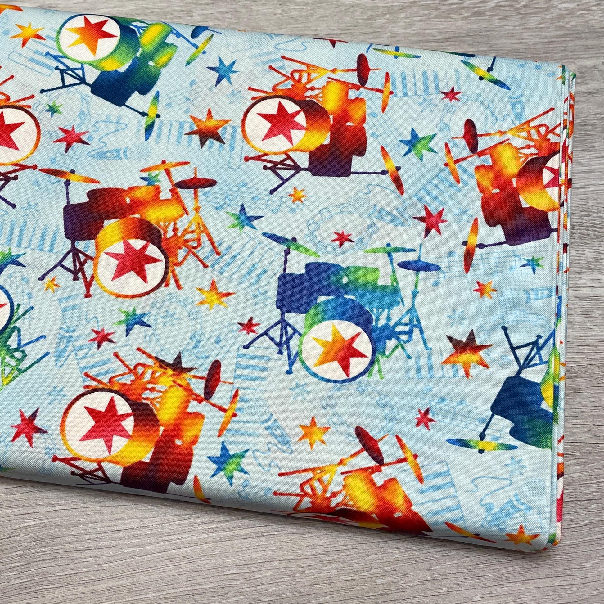 Drum Fabric - 7362-18 Blue/Red - Mew-sic Legends by StudioE - Multicolor drunk kit print by the yard - musician fabric rockstar drummer