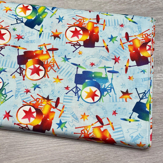 Drum Fabric - 7362-18 Blue/Red - Mew-sic Legends by StudioE - Multicolor drunk kit print by the yard - musician fabric rockstar drummer