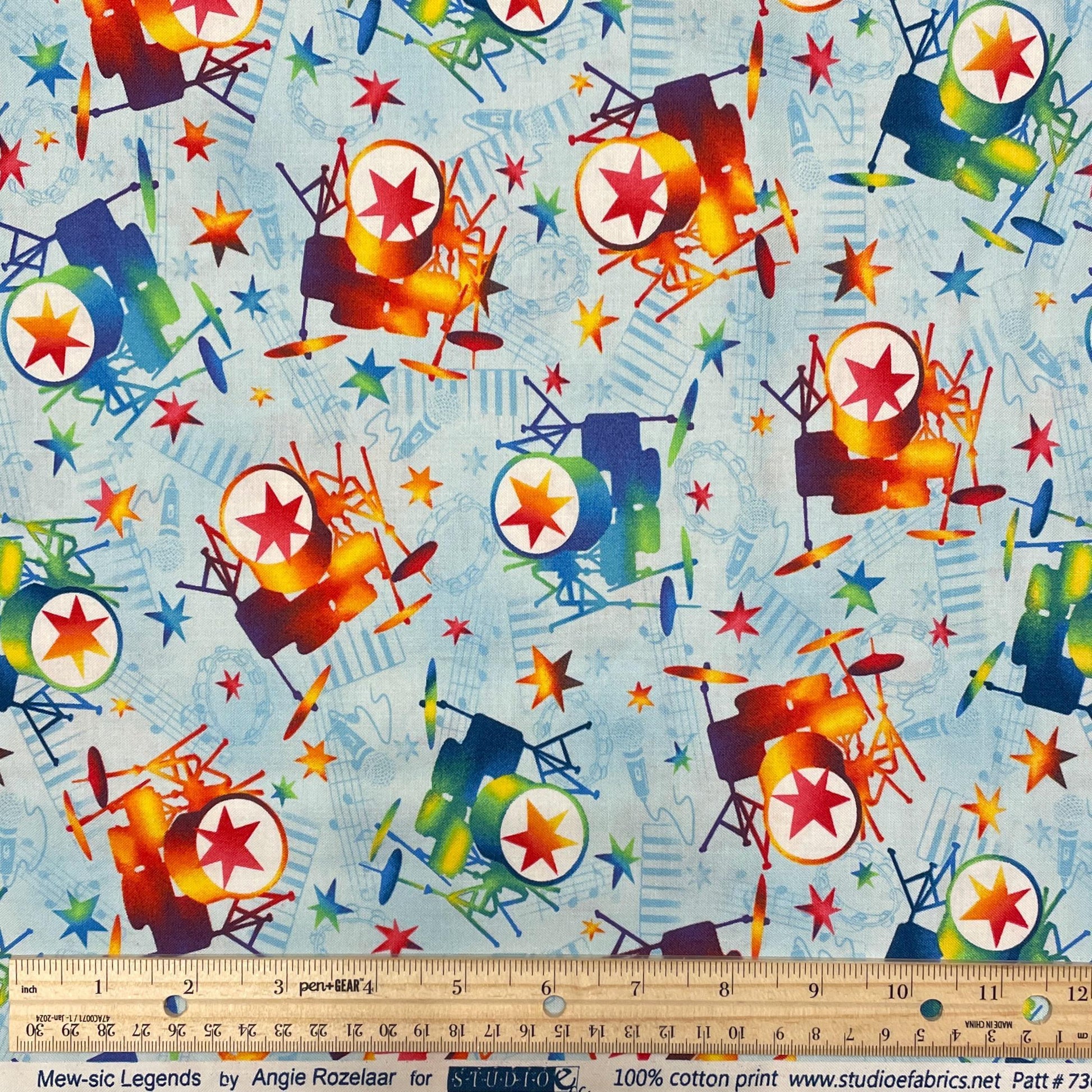 Drum Fabric - 7362-18 Blue/Red - Mew-sic Legends by StudioE - Multicolor drunk kit print by the yard - musician fabric rockstar drummer