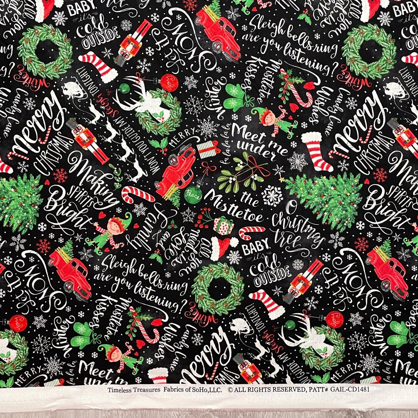 Christmas Fabric - Holiday Chalkboard Words & Motifs - Winter Wonderland