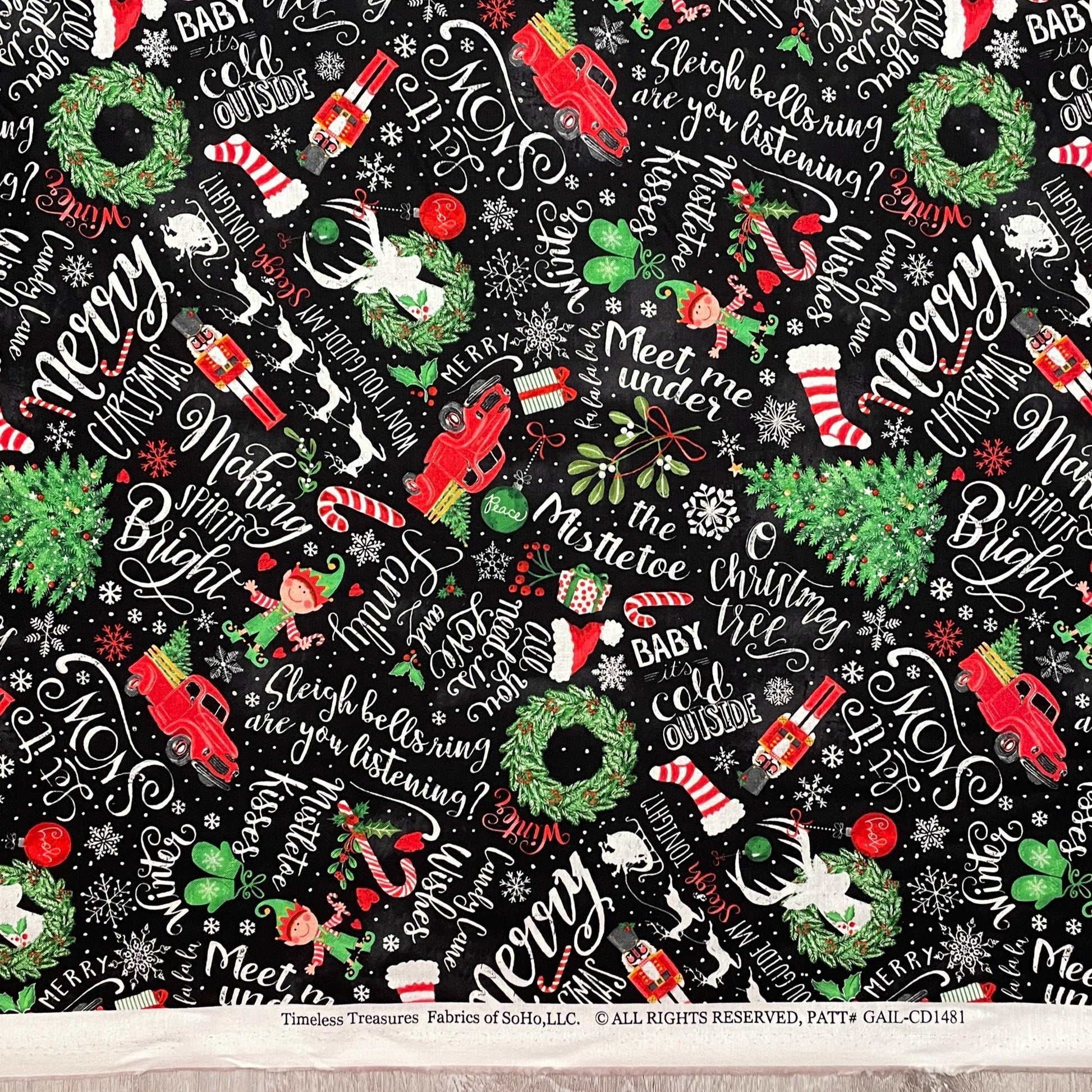 Christmas Fabric - Holiday Chalkboard Words & Motifs - Winter Wonderland