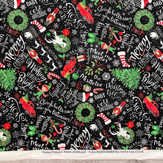 Christmas Fabric - Holiday Chalkboard Words & Motifs - Winter Wonderland