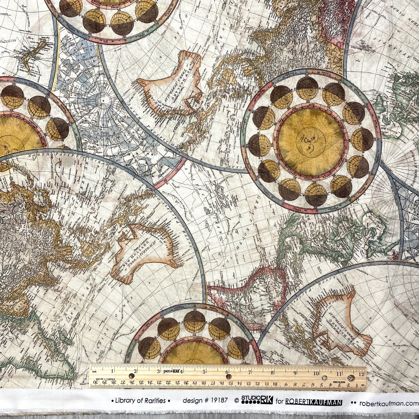 World Map Fabric - Robert Kaufman Library of Rarities - 100% Cotton - SRKD-19187-199 ANTIQUE