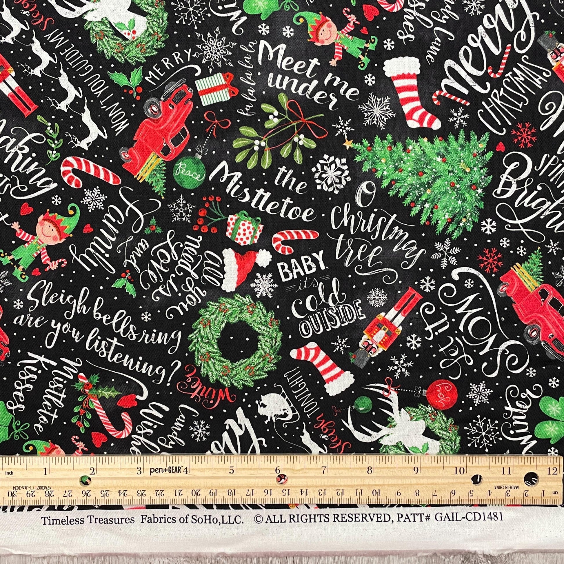 Christmas Fabric - Holiday Chalkboard Words & Motifs - Winter Wonderland