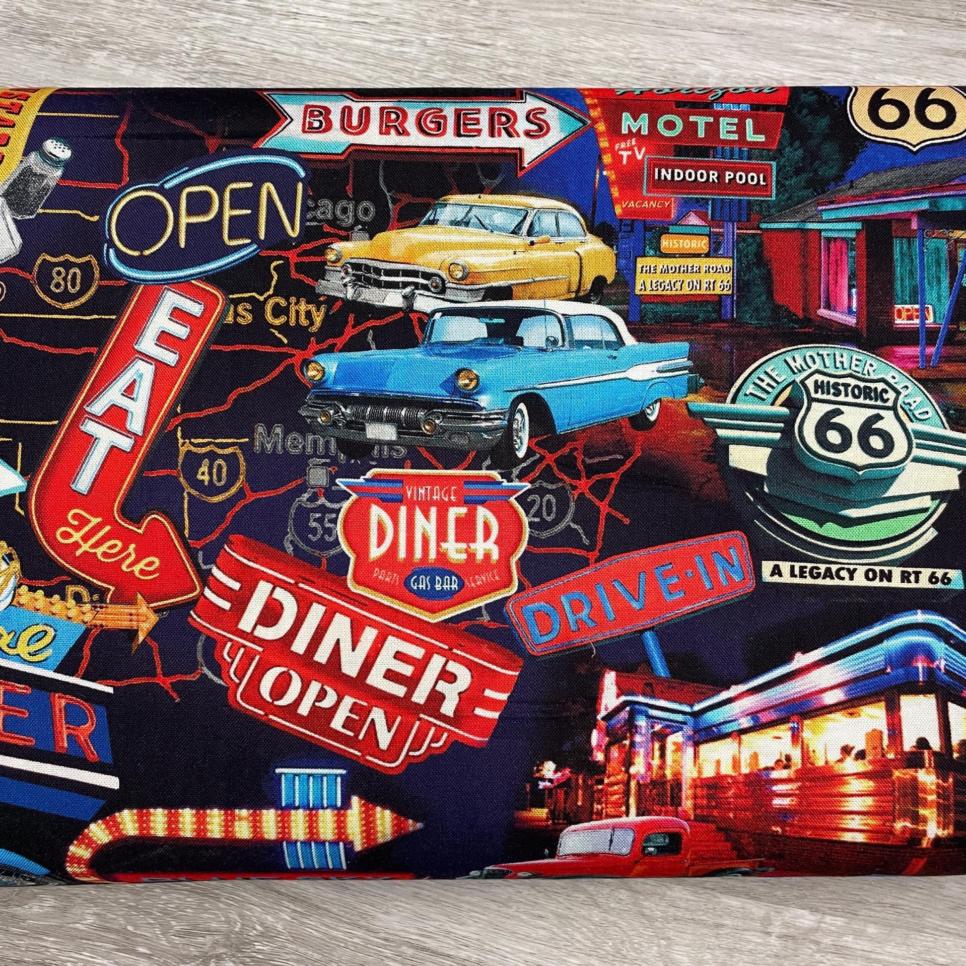 Route 66 Fabric - Night Life Multi - 100% cotton - Kanvas Studios for Benartex - Road Trip Driving Car Travel US MAP Main Street USA Icons