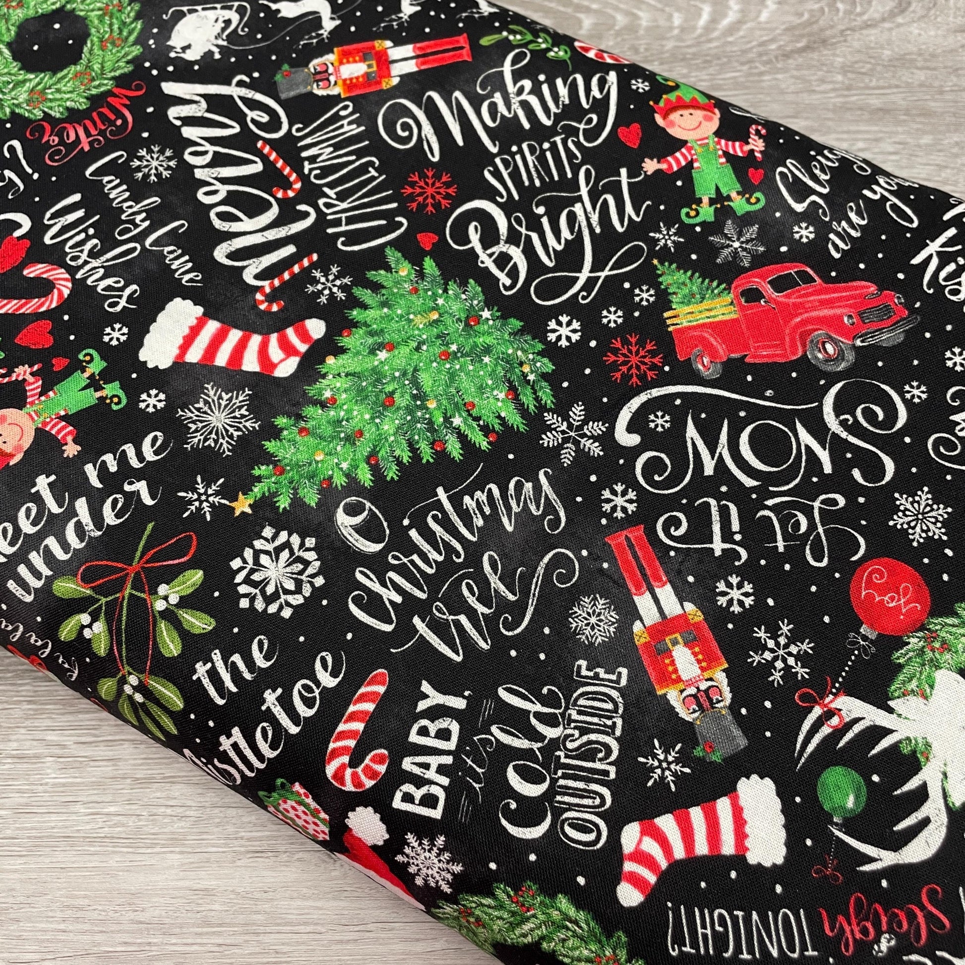 Christmas Fabric - Holiday Chalkboard Words & Motifs - Winter Wonderland