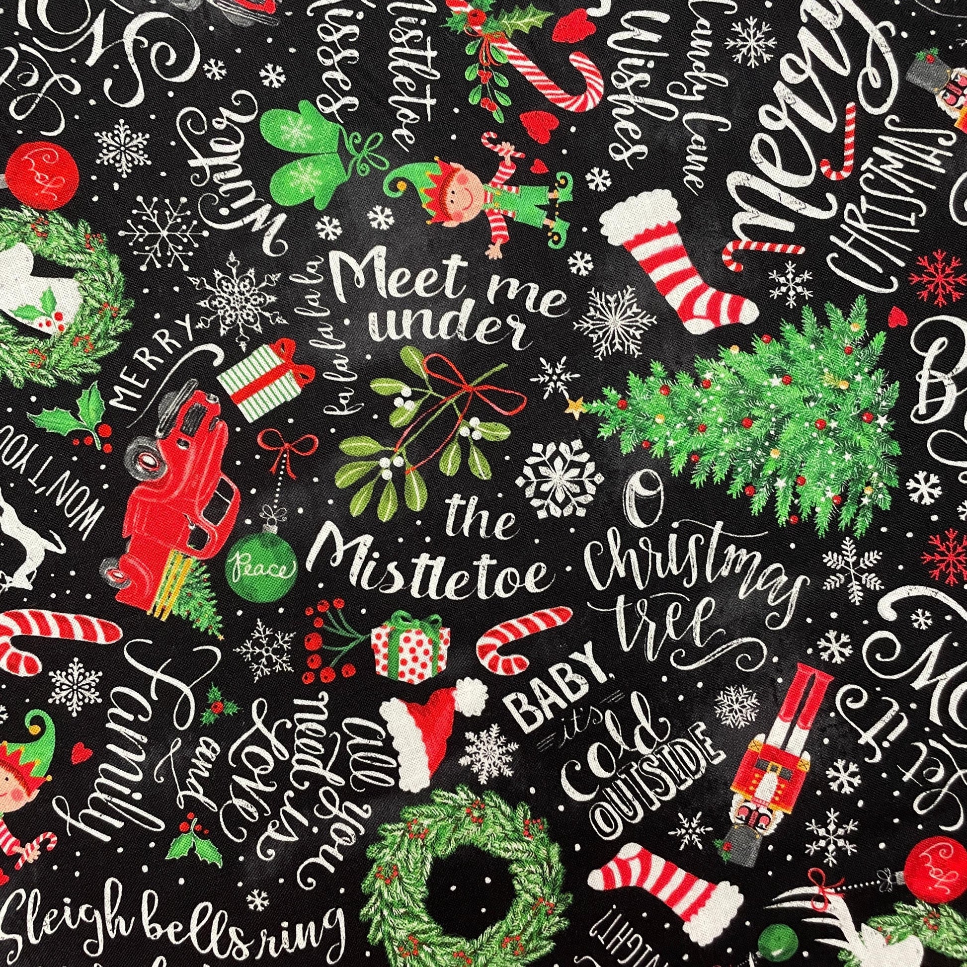 Christmas Fabric - Holiday Chalkboard Words & Motifs - Winter Wonderland