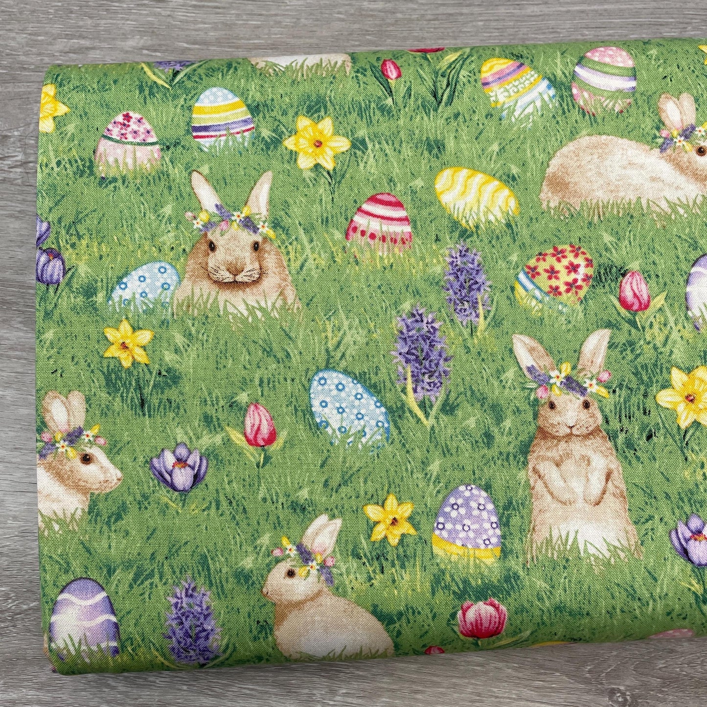 Easter Bunnies and Eggs on Grass - Henry Glass - Hoppy Hunting - 100% Cotton