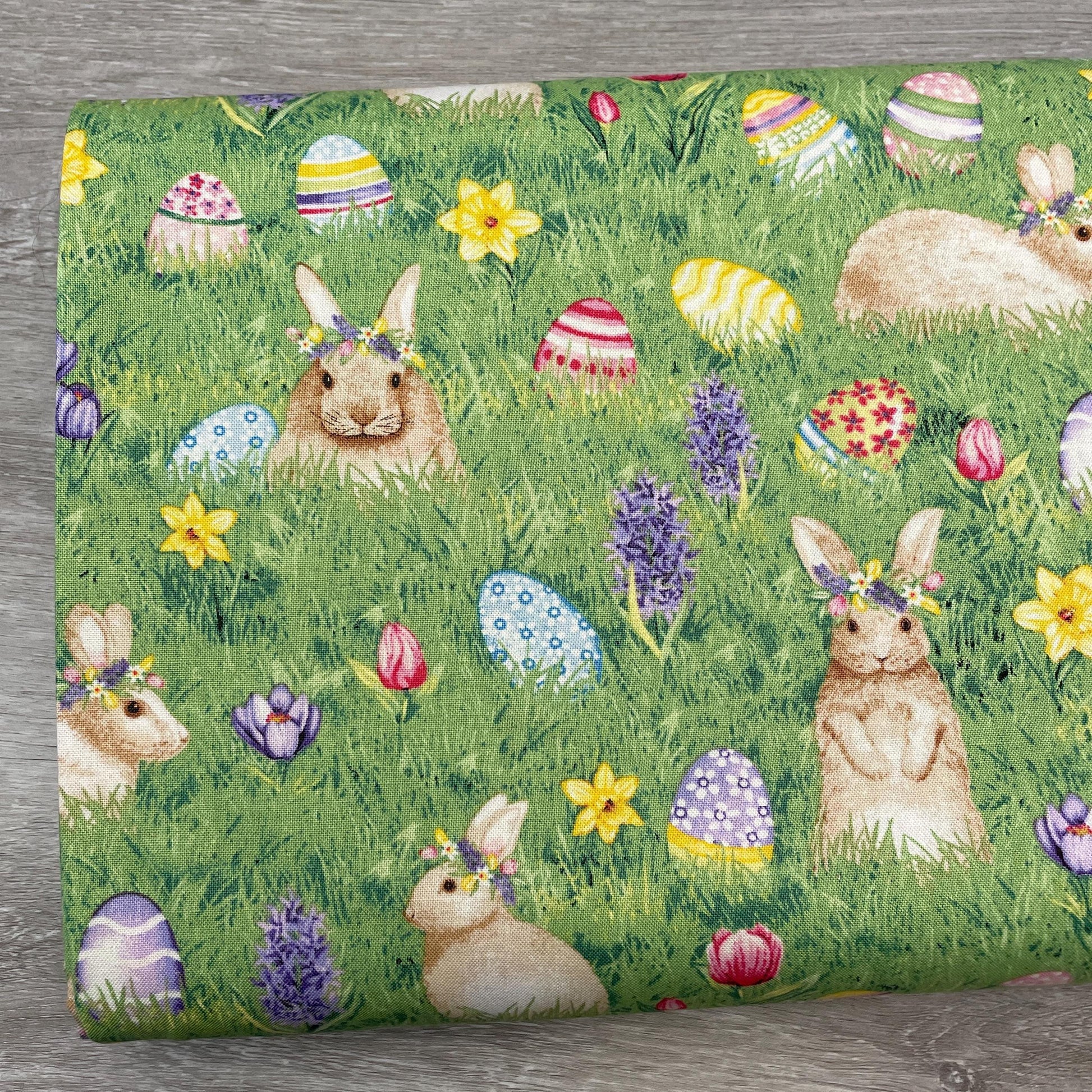 Easter Bunnies and Eggs on Grass - Henry Glass - Hoppy Hunting - 100% Cotton