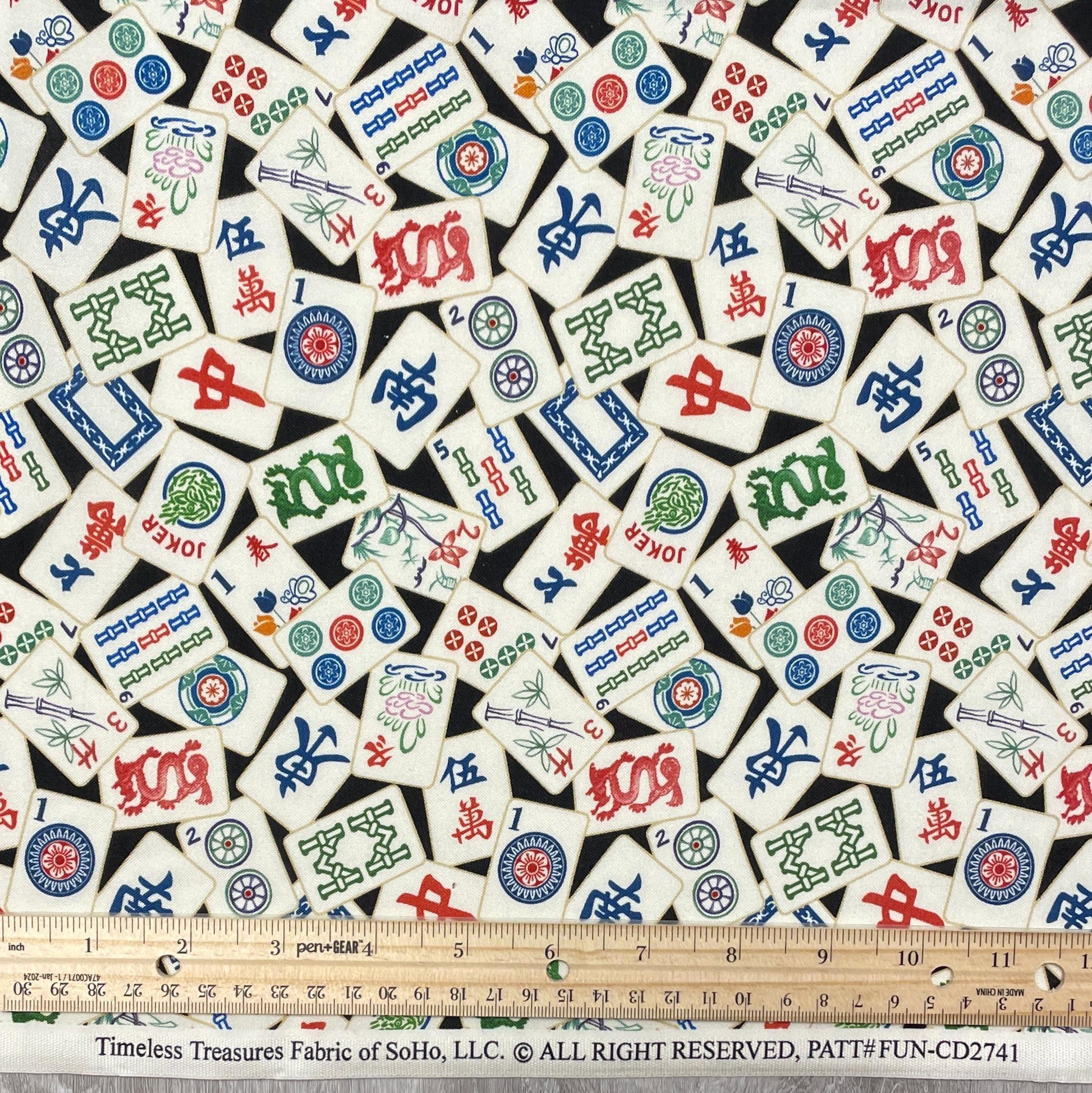 Mahjong fabric - 100% Cotton - Timeless Treasures - FUN-CD2741 BLACK - Tile Game Hobby
