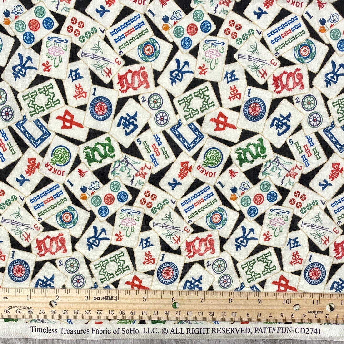 Mahjong fabric - 100% Cotton - Timeless Treasures - FUN-CD2741 BLACK - Tile Game Hobby